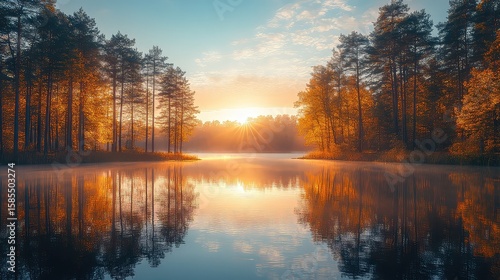 Wallpaper Mural Forest lake in golden sunlight with reflections of trees, peaceful nature landscape scene for wilderness and travel concepts Torontodigital.ca