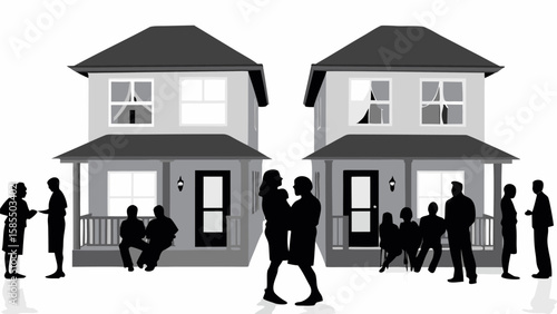 Silhouetted figures gather outside two houses with damaged windows and porch lights on either side of image