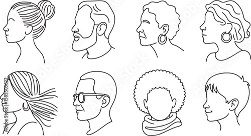 People Profile Icons Set Bun Beard Glasses Afro Hairstyle Linear Pictogram Vector Illustration for Social Media Avatars