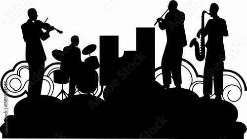 Silhouette of a jazz band performing with a violinist drummer flutist and saxophonist against a city backdrop