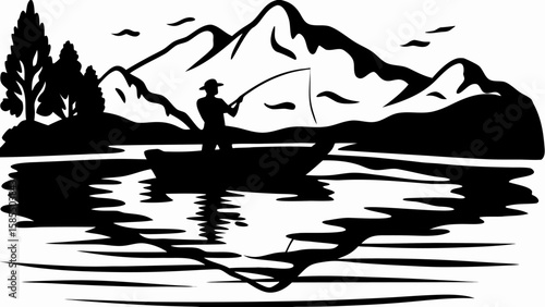 Silhouette of a fisherman in a boat on a lake with mountains and trees in the background scenery scene