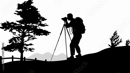 Silhouette of photographer with backpack taking pictures in nature landscape with trees and mountains