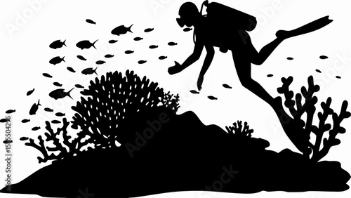 Silhouette of a scuba diver interacting with fish and coral reef in an underwater scene captured in black