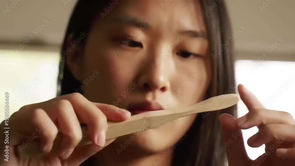 Woman examining a wooden toothbrush in a bright indoor setting, highlighting eco-friendly choices Woman examining a wooden toothbrush in a bright indoor setting, highlighting eco-friendly choices