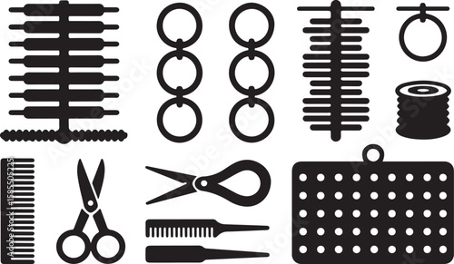 Black Silhouette Icons of Hair Styling, Crafting Tools, and Organizational Trays Featuring Combs, Scissors, Connected Rings, Spool, and Circular Indentation Tray