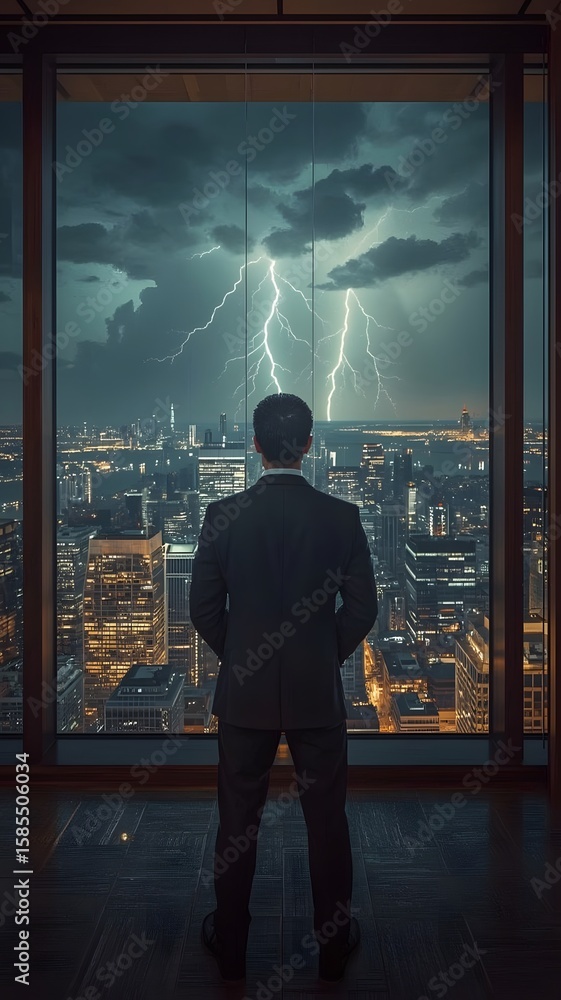 Fototapeta premium Businessman looking at lightning over city skyline from office window stock photo
