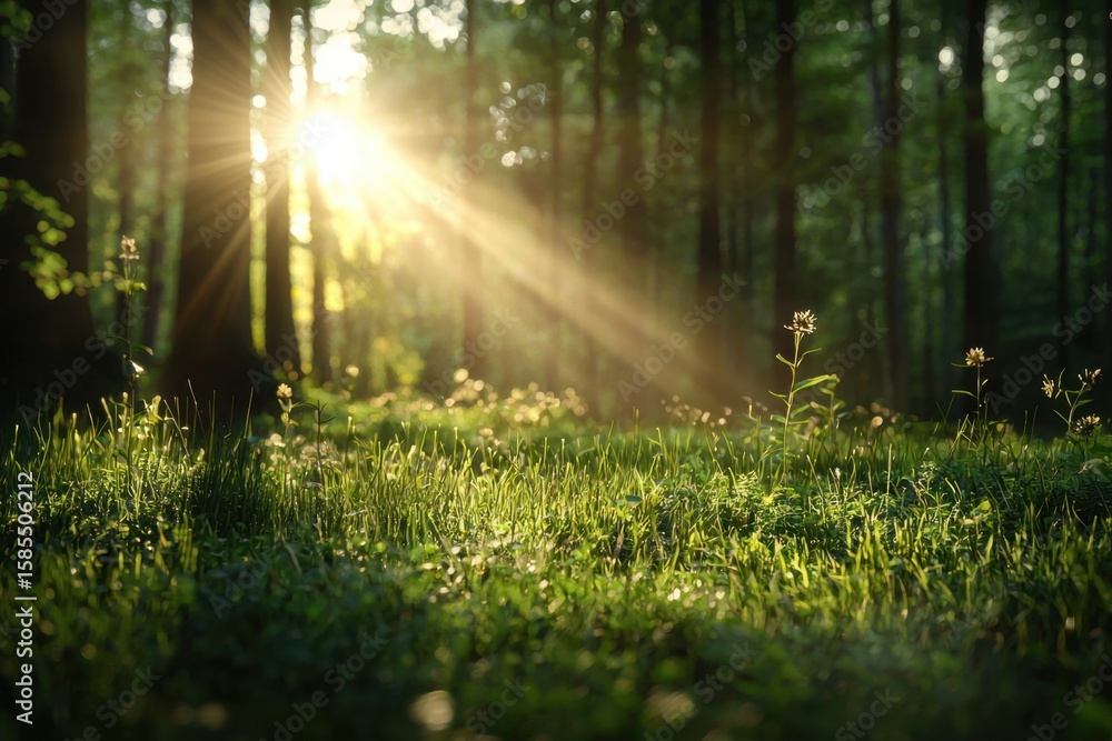 Fototapeta premium Sunlight breaking through trees in a peaceful woodland clearing nature photography serene environment close-up perspective