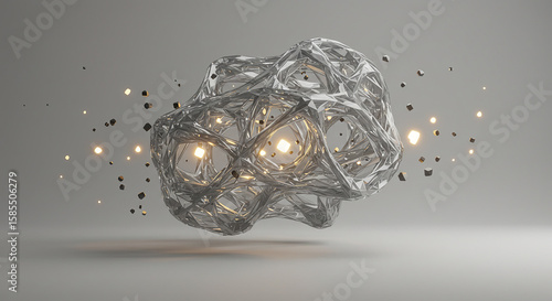 Abstract geometric crystalline structure with glowing lights and particles