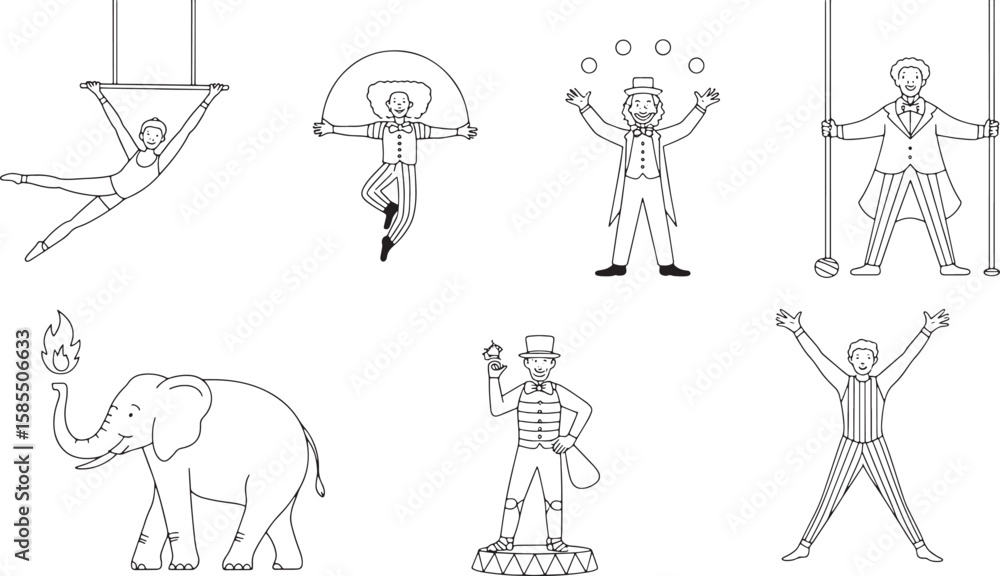 Obraz premium Circus Acts Line Art Collection Acrobats Clowns Elephants Juggling Tightrope Balancing Entertainment
