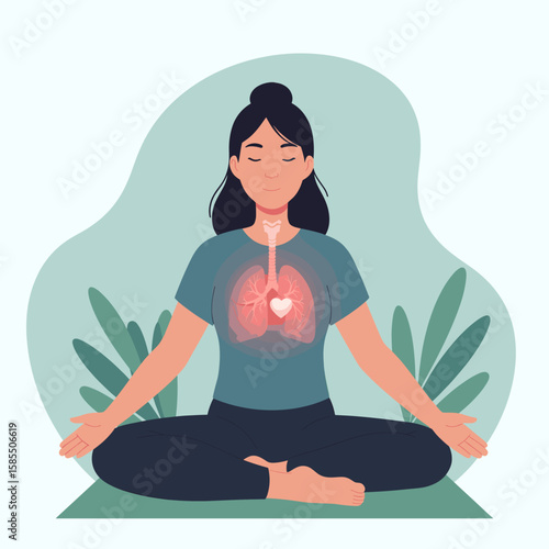 Woman Meditating in Lotus Pose with Glowing Lungs and Heart, Symbolizing Breath, Well-being, and Inner Peace