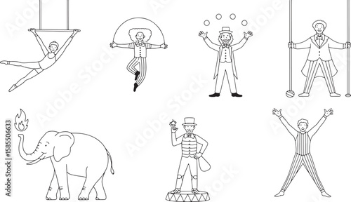 Circus Acts Line Art Collection Acrobats Clowns Elephants Juggling Tightrope Balancing Entertainment
