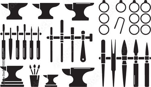 Black and White Icon Set of Craftsmanship Tools Featuring Anvils, Chisels, Pliers, Rings, and Magnifying Glass for Metalworking and Jewelry Making