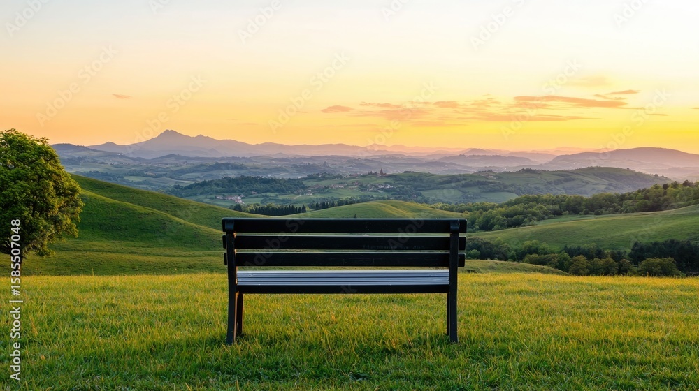 Peaceful scenic viewpoint overlooking lush green hills and valleys with a tranquil bench for taking in the serene landscape and contemplating in mindfulness Peaceful scenic viewpoint overlooking lush green hills and valleys with a tranquil bench for taking in the serene landscape and contemplating in mindfulness