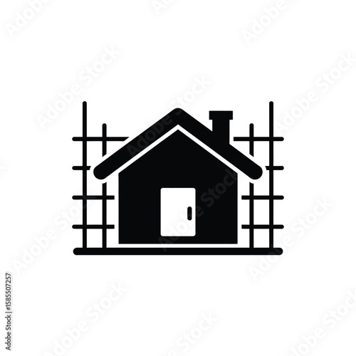 House Construction Icon with Scaffolding in Black and White