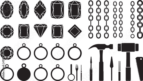 Computer Hardware Icons Set with CPU, GPU, Motherboard, RAM, Hard Drive, Fan, Cable, and Peripheral Symbols in Black and White