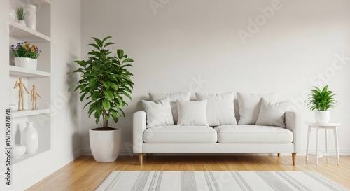 Modern living room featuring a white sofa with cushions, green plants, and decorative shelves