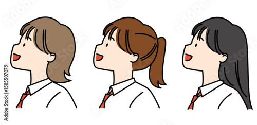 上を向くワイシャツネクタイの女子高生3セット