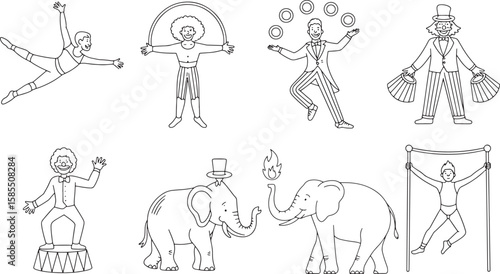 Circus Performers Line Art Collection Acrobats Clowns Elephants Juggling Tightrope Balancing Act Entertainment