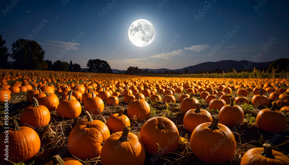 Obraz premium Full Moon over a Field of Pumpkins at Night