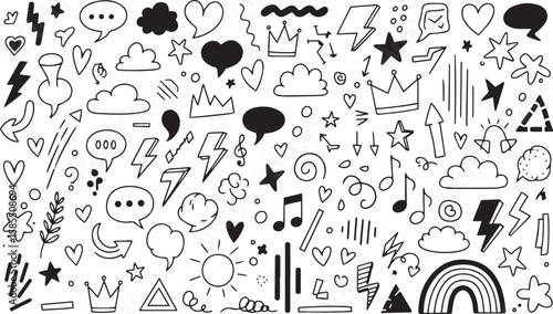 Collection of hand drawn doodle elements including hearts clouds stars lightning and speech bubbles