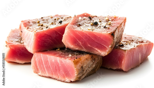 Seared tuna steak pieces stacked high isolated on transparent background
