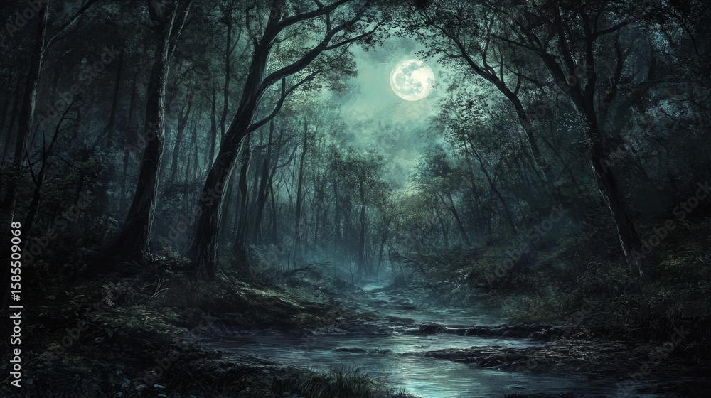 Naklejka premium A forest shrouded in mystery, illuminated by a moonlit pathway, fog, and set against a Halloween-inspired backdrop
