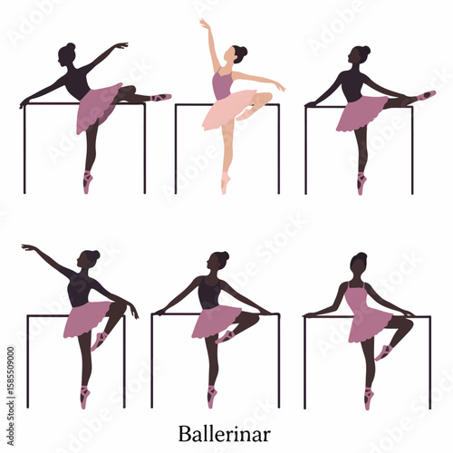 Elegant ballet dancers practicing at the barre, showcasing various graceful poses and training movements in a set of artistic illustrations.