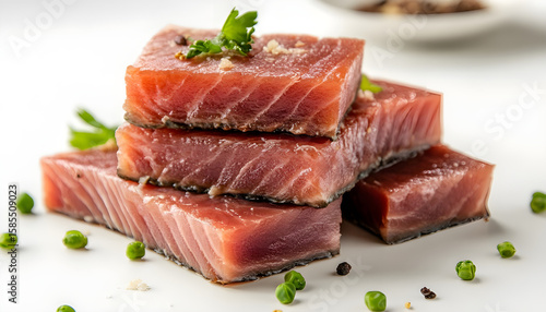 Seared tuna steak pieces stacked high isolated on transparent background