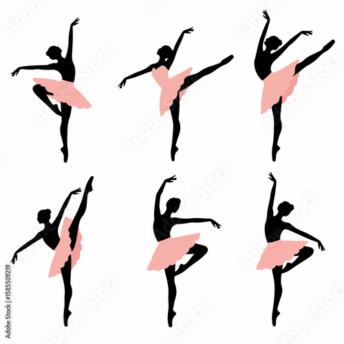 Collection of Elegant Ballerina Silhouettes in Pink Tutus on a White Background