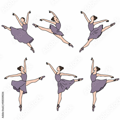 Collection of graceful ballet dancer illustrations in various poses, showcasing elegance and movement in classical dance.