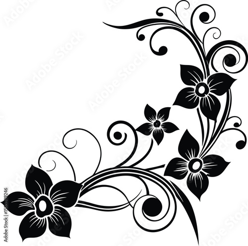 Stylized Corner Floral Swirl With Orchids