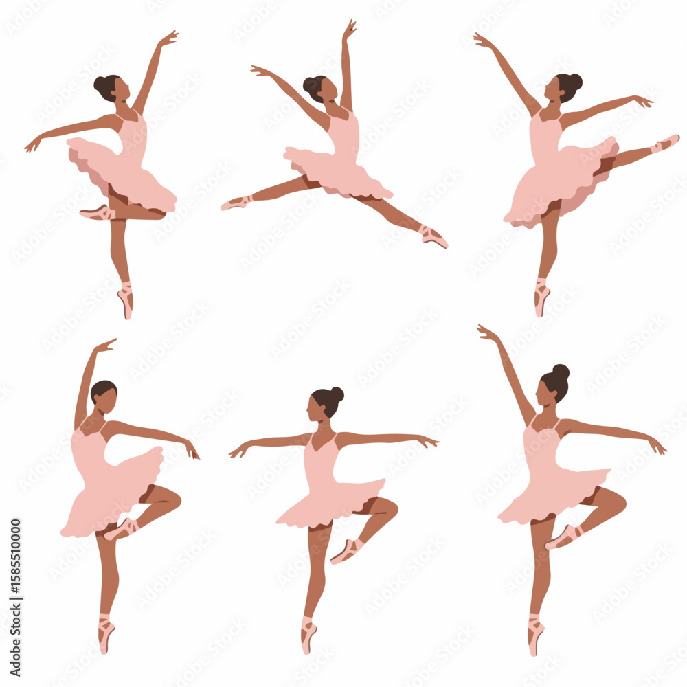 Fototapeta premium Collection of six elegant ballet dancer illustrations in graceful poses on a white background, featuring a diverse ballerina.