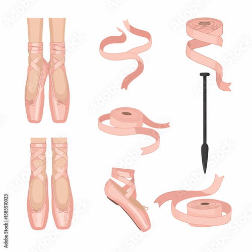 Detailed Illustration of Ballerina Pointe Shoes, Ribbons, and Sewing Accessories for Dance