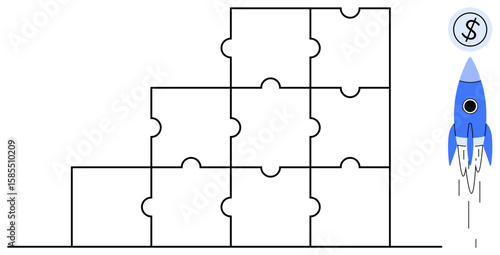 Blue rocket launches beside stacked puzzle pieces as a coin with a dollar sign hovers above. Ideal for teamwork, planning, investment, growth, business strategy, problem-solving, innovation. Simple