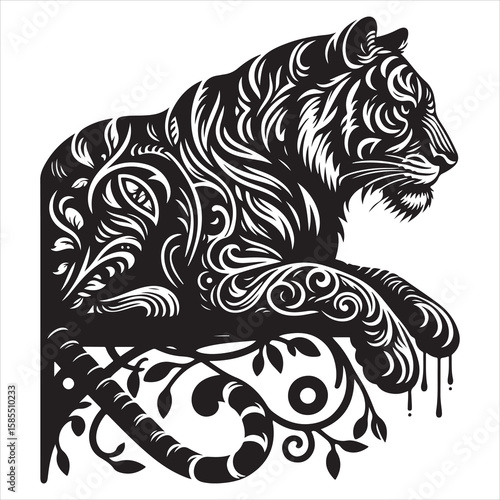 siting tiger face Silhouette Vector Art, and Graphic, vector black color silhouette , solated white background 