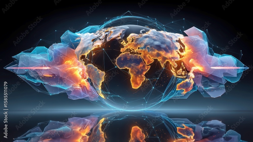 Fototapeta premium Futuristic Global Network, a vast interconnected grid showcasing glowing data streams in vibrant blue hues, symbolizing technological advancement and global connectivity