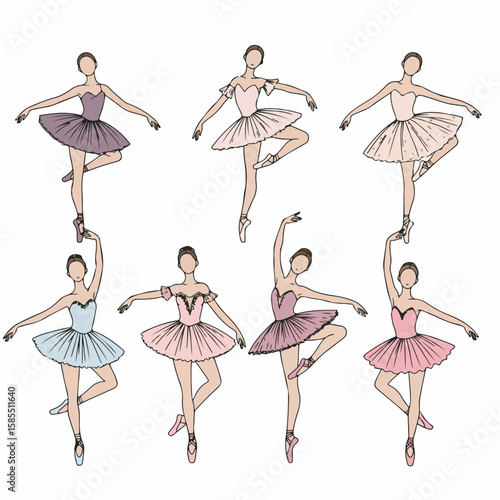 Collection of diverse cartoon ballerinas in elegant ballet poses, wearing colorful tutus and pointe shoes, isolated on white background, showcasing grace and movement.