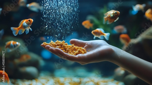 Goldfish are fed in a home aquarium.