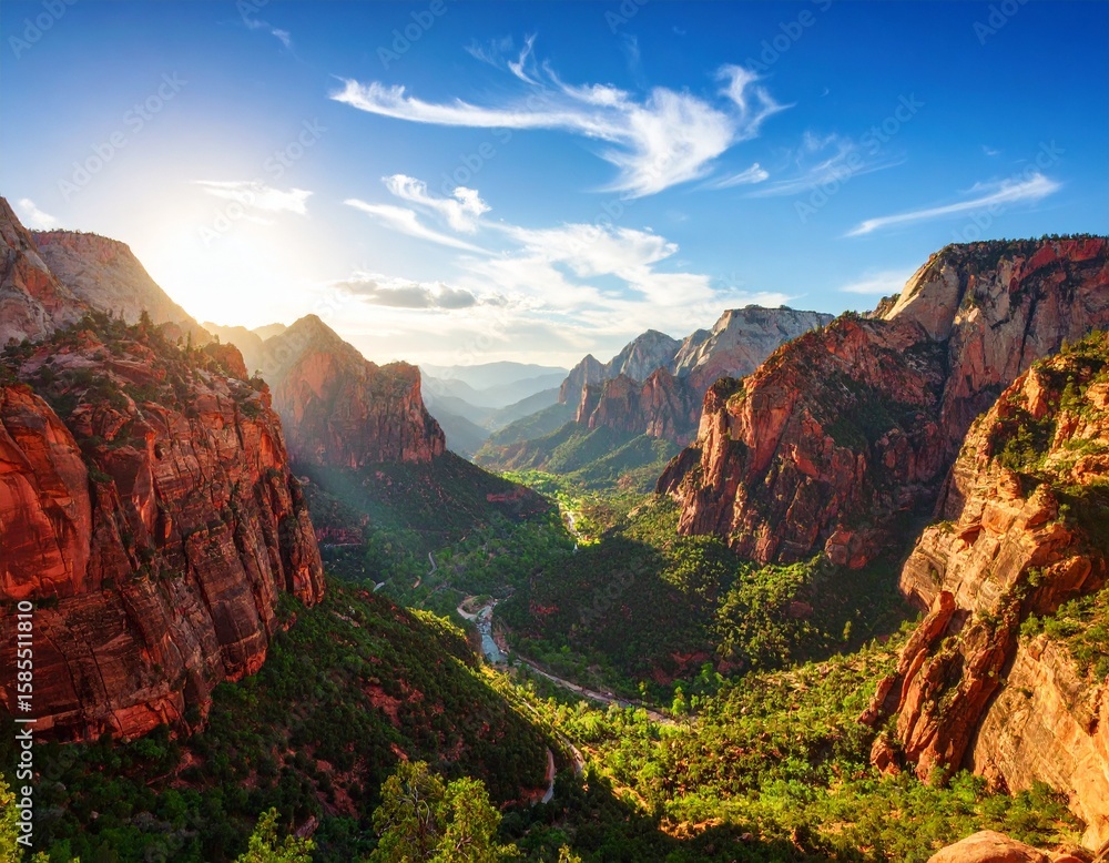 Naklejka premium Zion National Park Canyon Landscape with Dramatic Light and Rock Formations 
