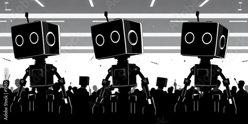 Retro robot silhouettes, square heads, mechanical limbs, black & white vector illustrations,  futuristic,  element