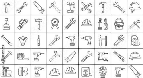 Collection of hand drawn icons representing various tools and construction elements