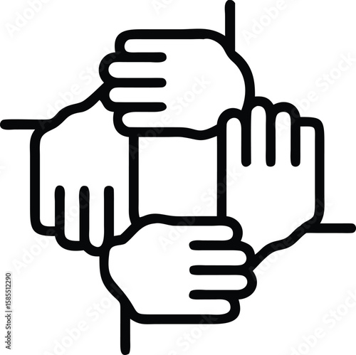 Four hands joining together in unity, teamwork, and collaboration line art concept