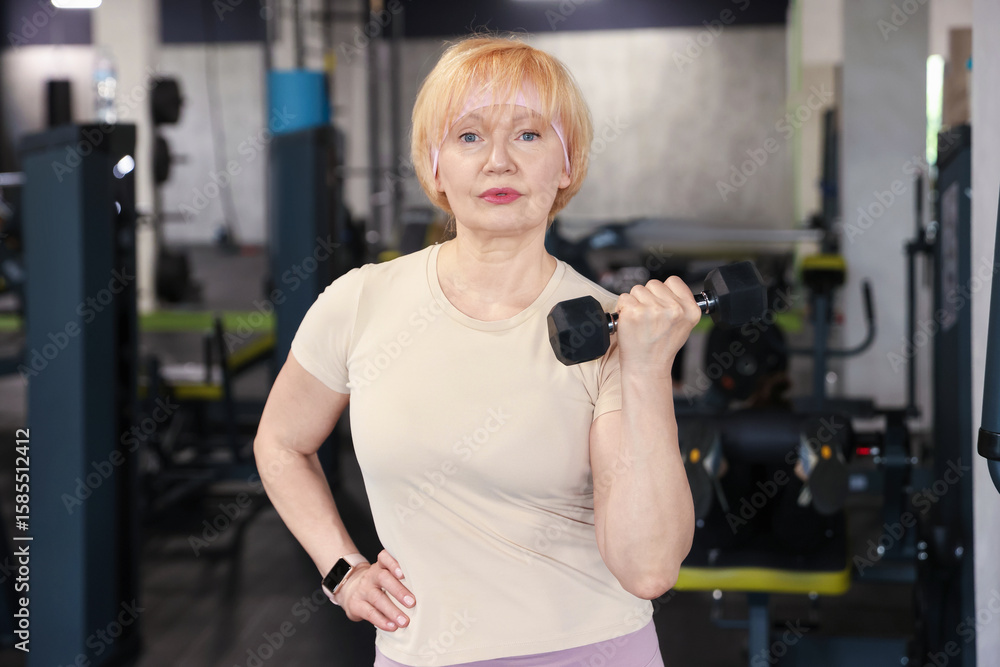 Obraz premium Senior woman training with dumbbell in gym