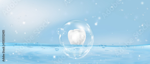 Healthcare concept,3d realistic bubbles and glowing light shield around white tooth on blue water background.Dental health care,Oral hygiene,Protection and whitening,Vector for Doctors day