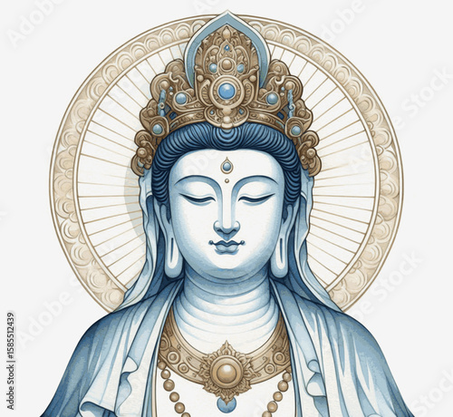 Serene Hues of Compassion Bodhisattva Guanyin isolated watercolor vector illustration svg