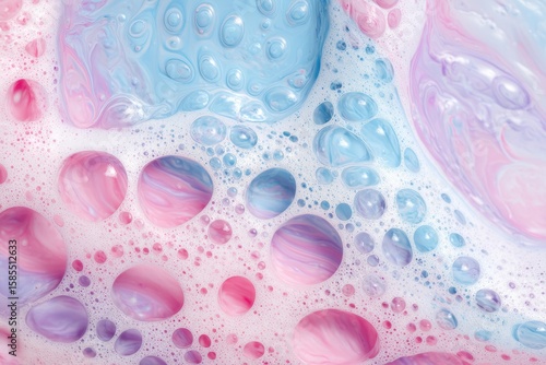 Abstract swirls of pastel pink, blue, and purple paint, mixed with bubbly white foam