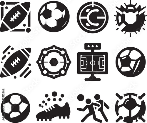 Set of vector soccer and football icons featuring balls, goals, and team play symbols for championship game design