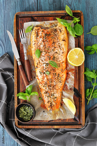 grilled salmon fillets with skin-on, top view