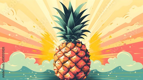 Colorful illustration of a pineapple with a radiant sunset backdrop, perfect for summer.