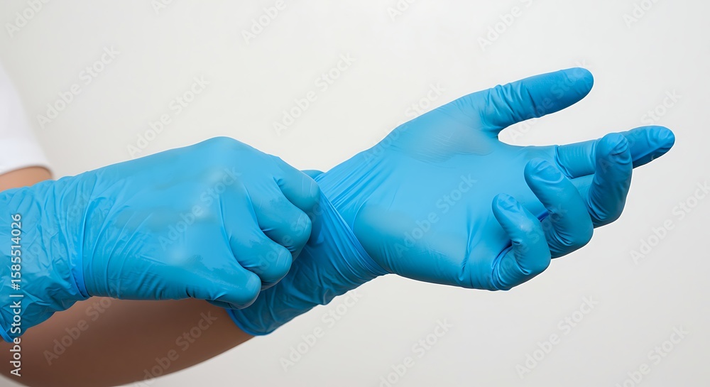 Preparing for Protection: Blue Gloves on Hands Preparing for Protection: Blue Gloves on Hands